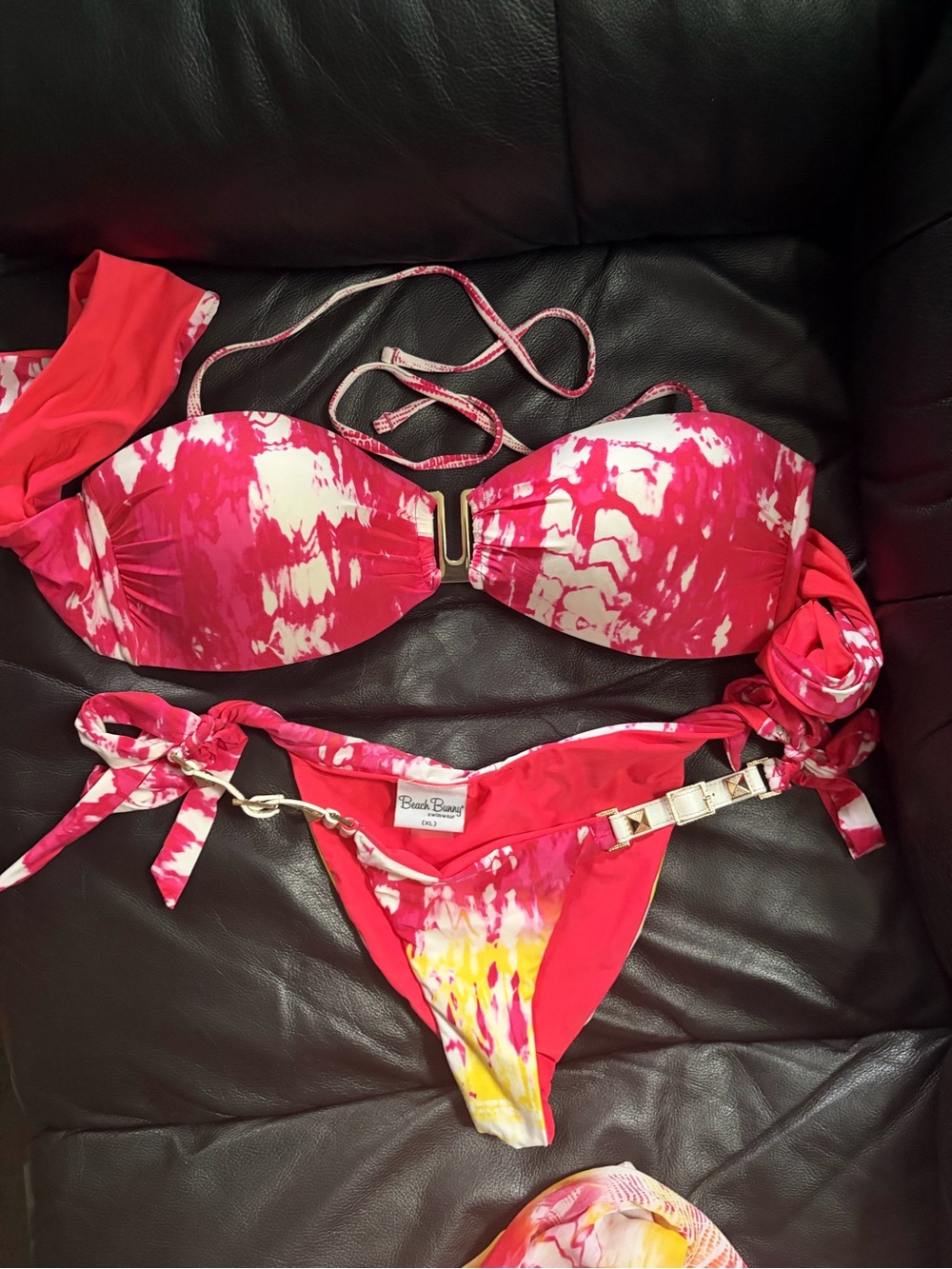 Beach Bunny Pink Tie-Dye Bandeau Bikini Set with Yellow Accents